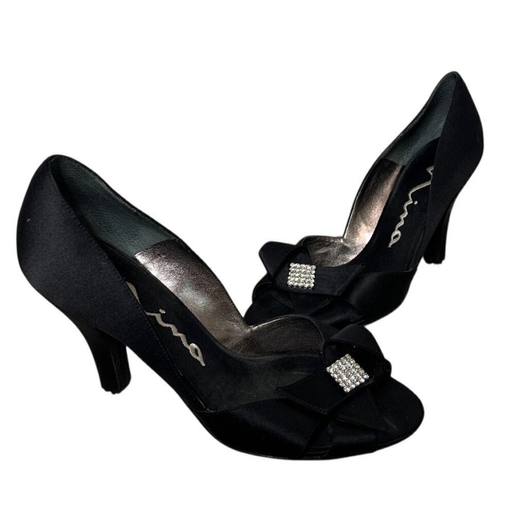 Nina Sze 9 Black Satin Rhinestone Bow Peep Toe Stiletto Heels Formal Classy Pump